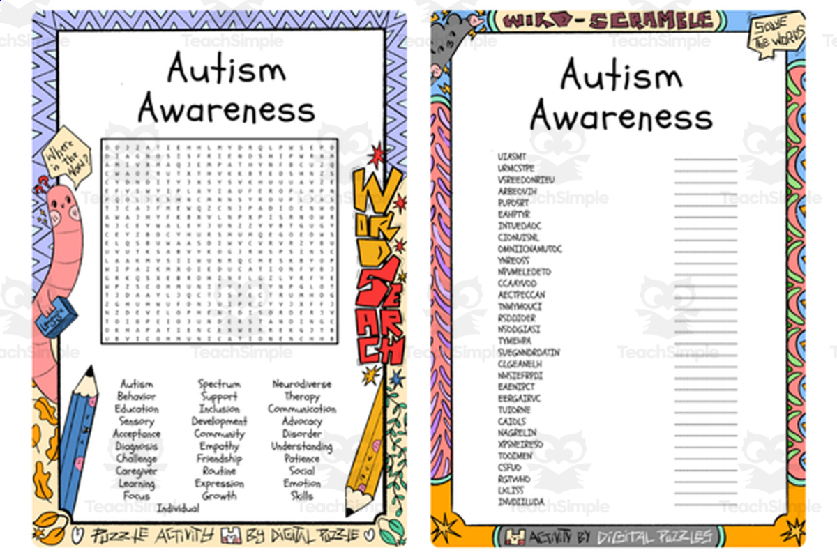 An educational teaching resource from Lapiiin Art Activities entitled Autism Awareness word search and word scramble downloadable at Teach Simple.