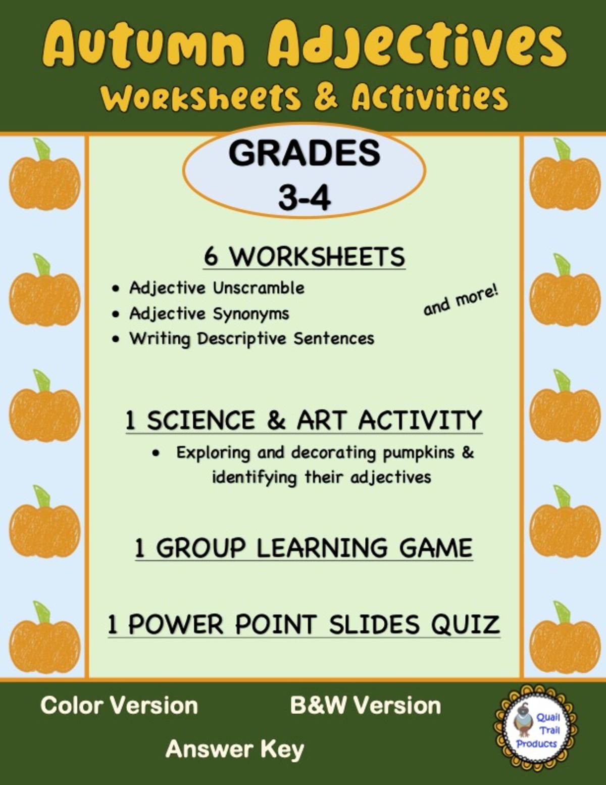 An educational teaching resource from Quail Trail Products entitled AUTUMN ADJECTIVES Worksheets and Activities downloadable at Teach Simple.