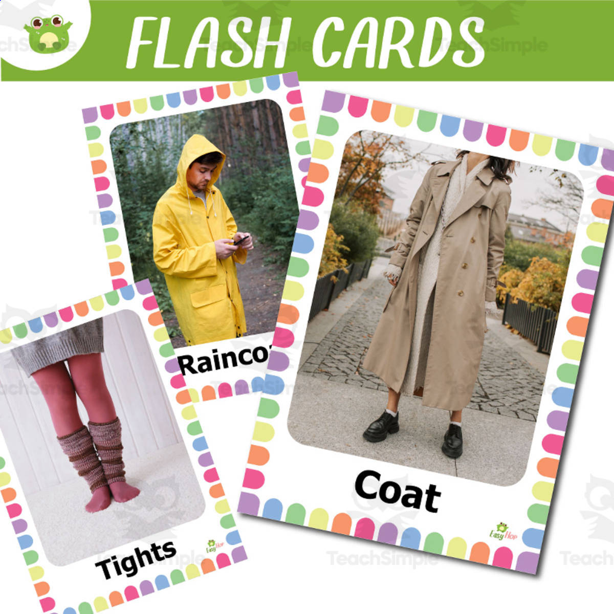 An educational teaching resource from EasyHop entitled Autumn Clothes Vocabulary Flashcards with Real Photos for Preschool downloadable at Teach Simple.