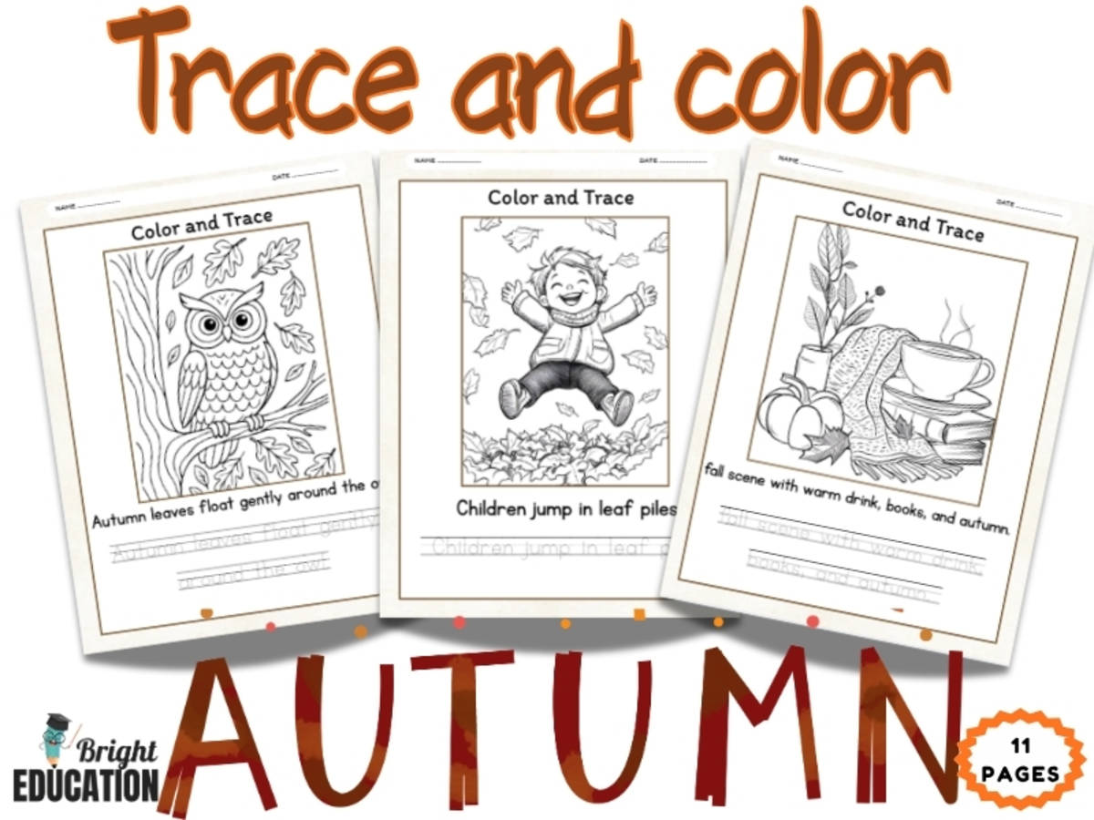 An educational teaching resource from Bright Education entitled Autumn Color and Trace Worksheets | Fall-Themed Handwriting & Coloring downloadable at Teach Simple.