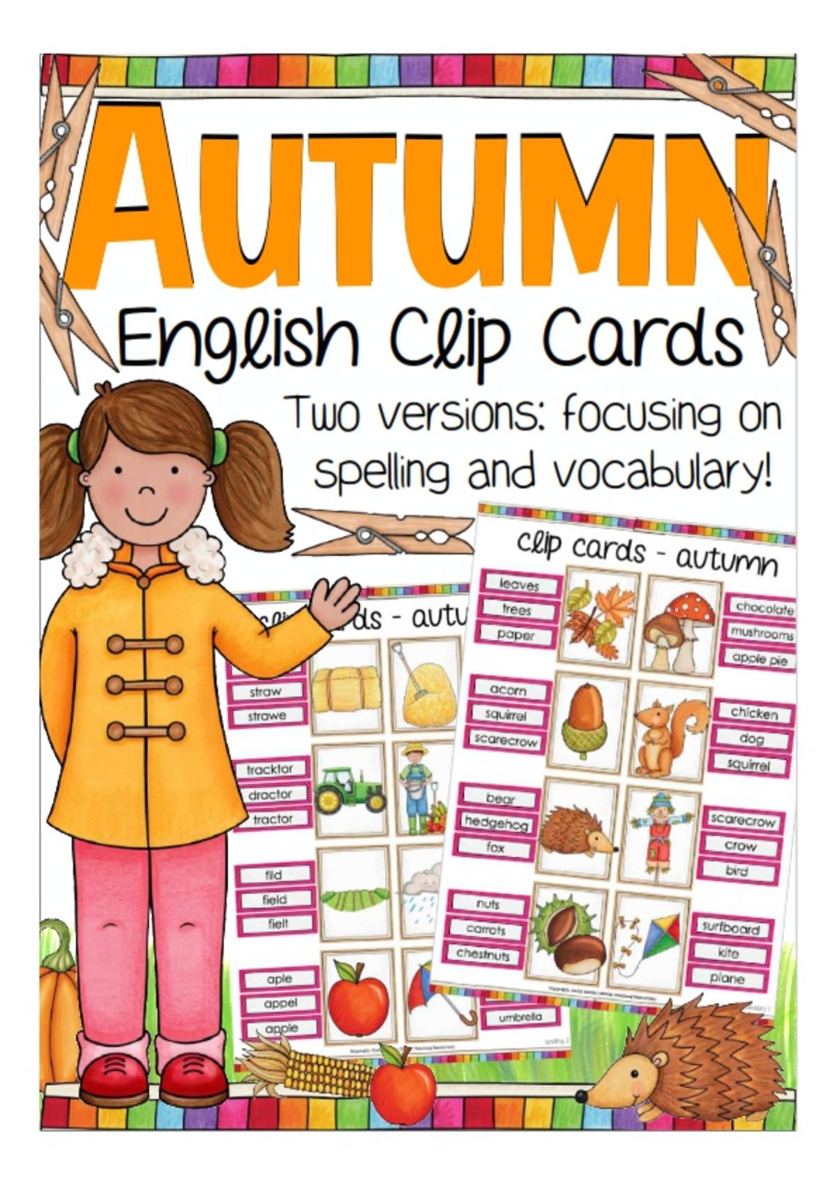 An educational teaching resource from Better Teaching Resources entitled Autumn English Clip Cards for Spelling & Vocabulary downloadable at Teach Simple.