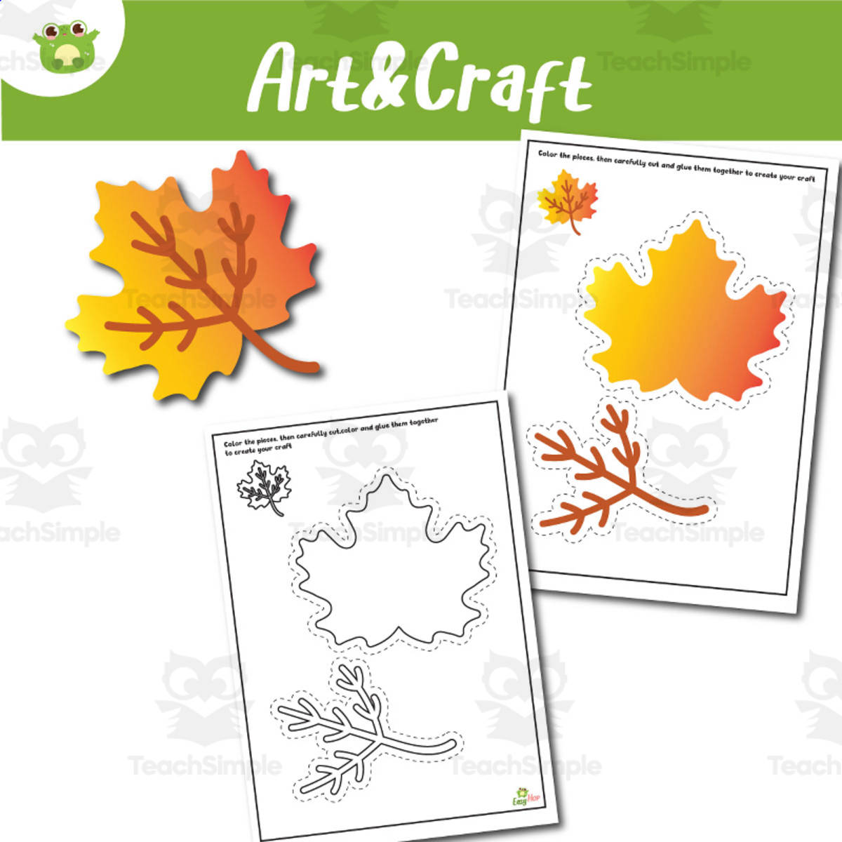 An educational teaching resource from EasyHop entitled Autumn Leaf Art & Craft Printable – Cut, Color, and Build Activity | F downloadable at Teach Simple.