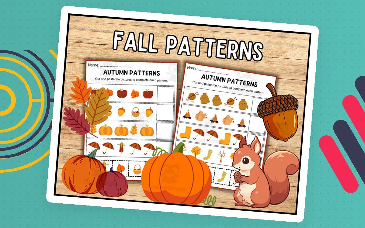 An educational teaching resource from Wonderland School entitled Autumn Math Patterns | Fall Cut and Paste Activity downloadable at Teach Simple.