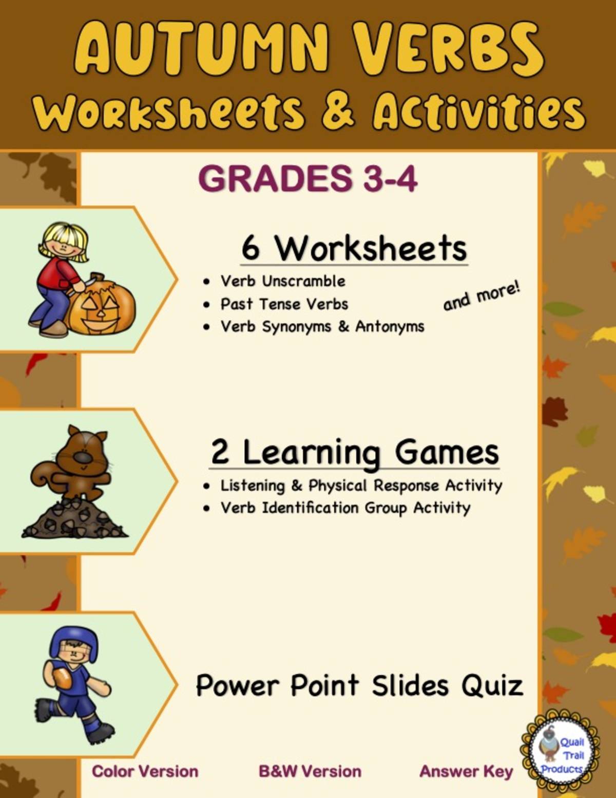An educational teaching resource from Quail Trail Products entitled AUTUMN VERBS Worksheets and Activities downloadable at Teach Simple.