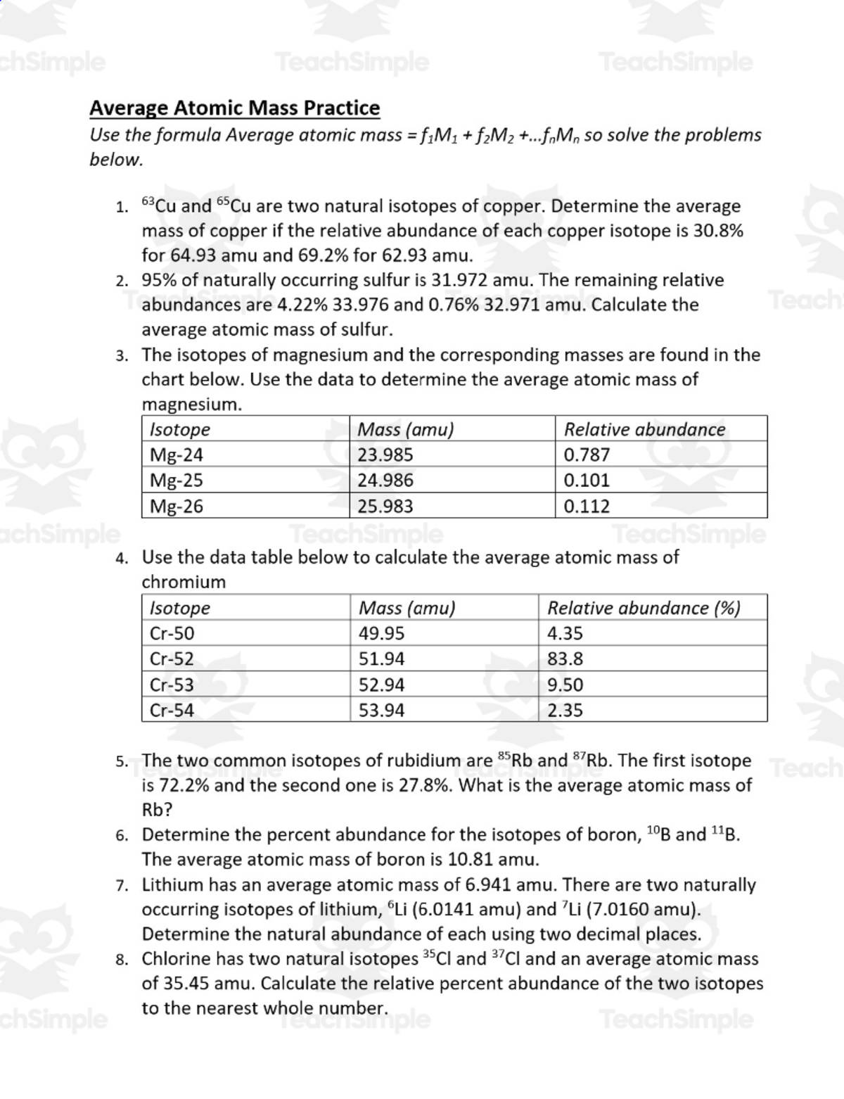 An educational teaching resource from Schrim's Chem entitled Average Atomic Mass Practice downloadable at Teach Simple.