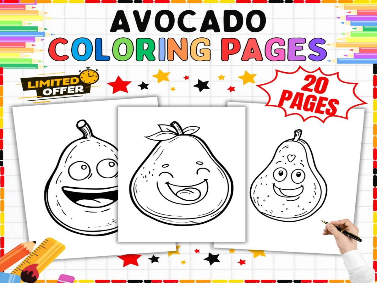 An educational teaching resource from from Tetcher to you entitled Avocado Coloring Pages - 20 Printable Coloring Sheets for Kids K-5 downloadable at Teach Simple.