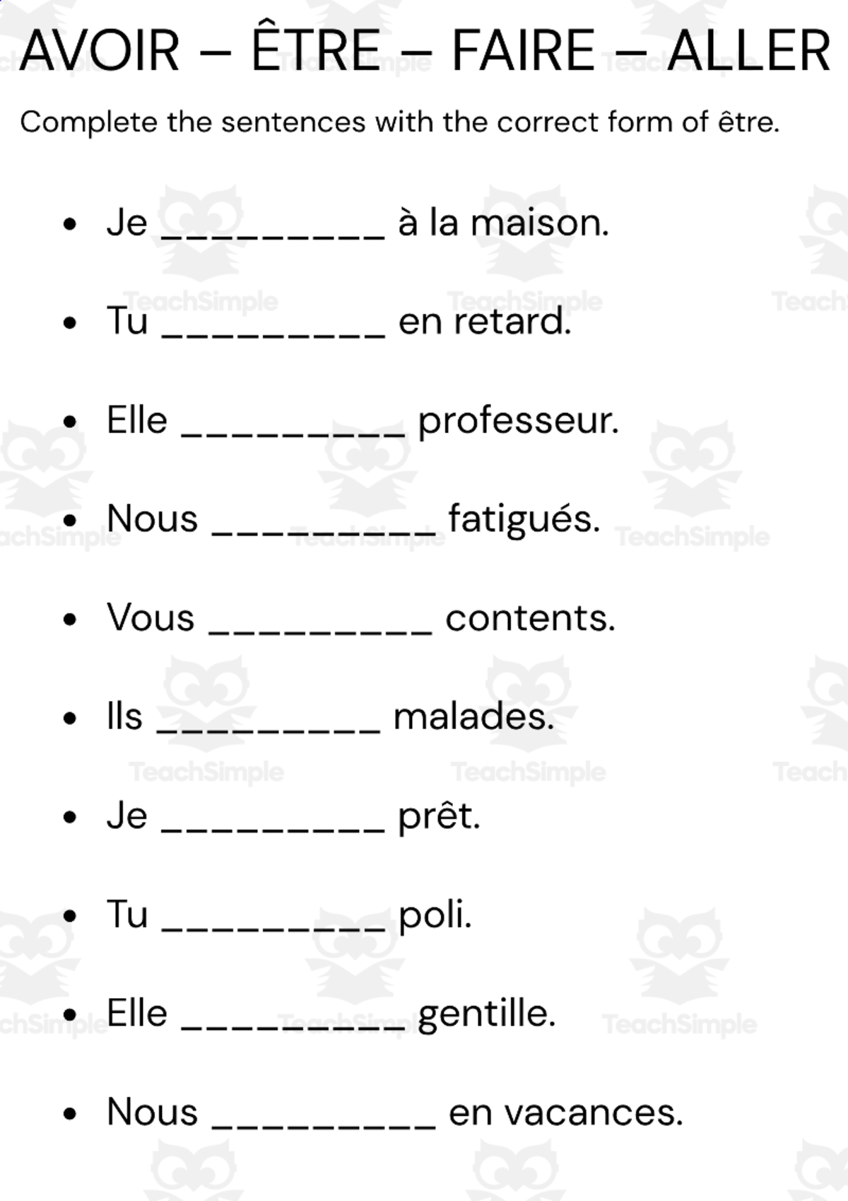 An educational teaching resource from MultiLingual Grammar Lab entitled Avoir etre faire aller exercise's et corrigés downloadable at Teach Simple.