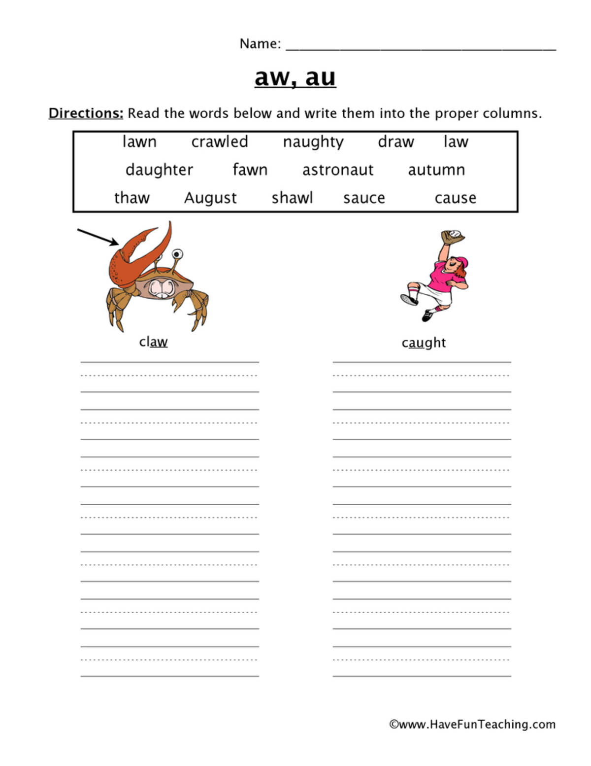 An educational teaching resource from Have Fun Teaching entitled AW, AU Diphthong Worksheet downloadable at Teach Simple.