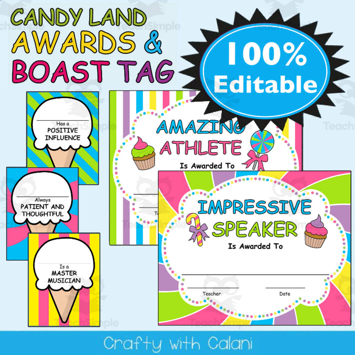 An educational teaching resource from Crafty with Calani entitled Awards and Boast Tags in Candy Land Theme - 100% Editable downloadable at Teach Simple.