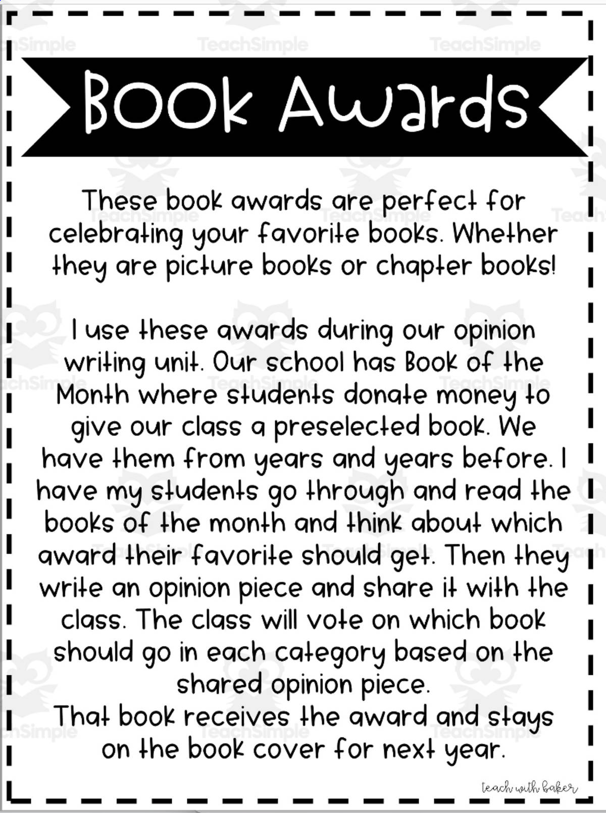 An educational teaching resource from Teach With Baker entitled Awards: Creative Book Awards downloadable at Teach Simple.