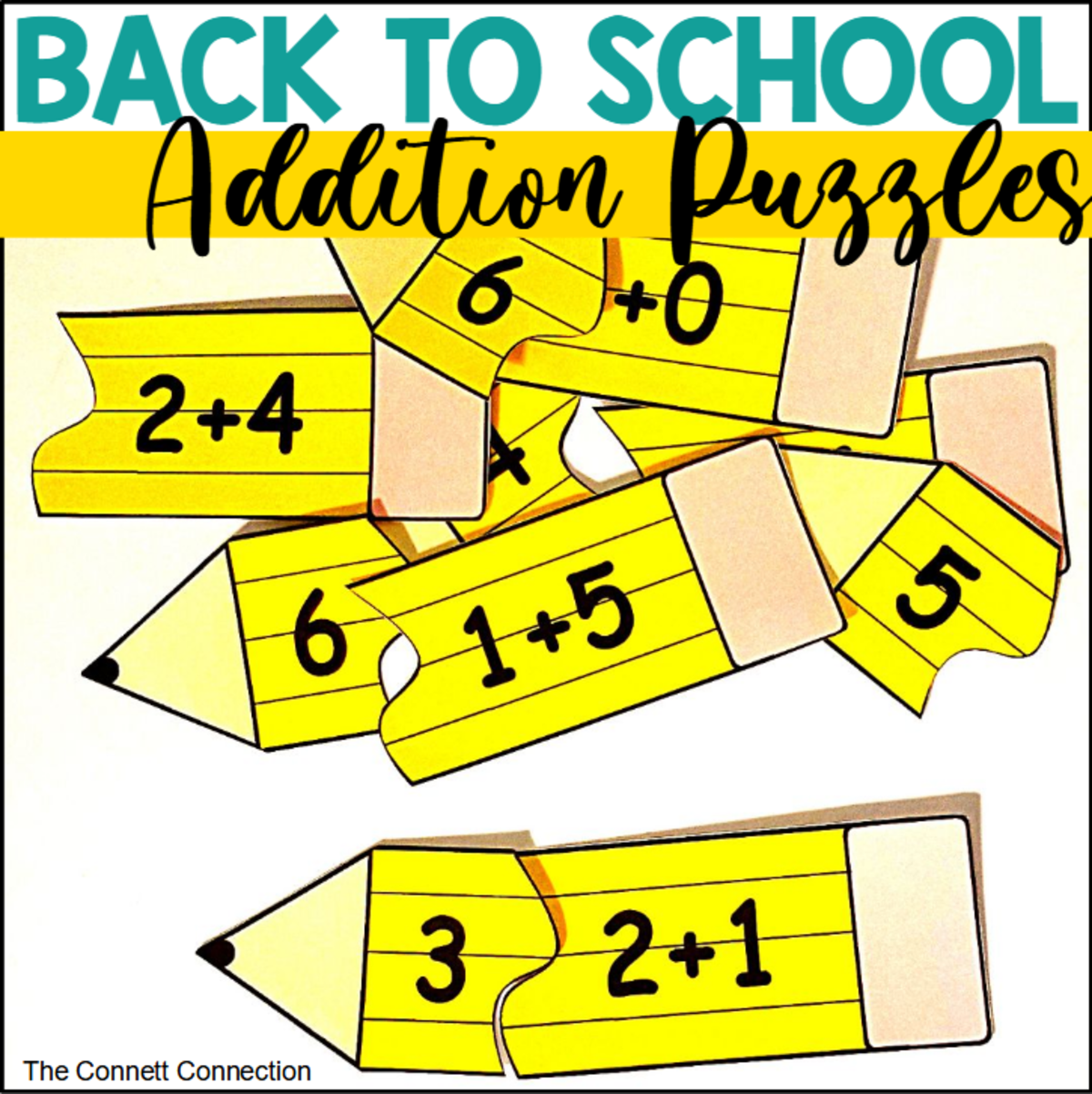 An educational teaching resource from The Connett Connection entitled Back to School Addition Puzzles downloadable at Teach Simple.