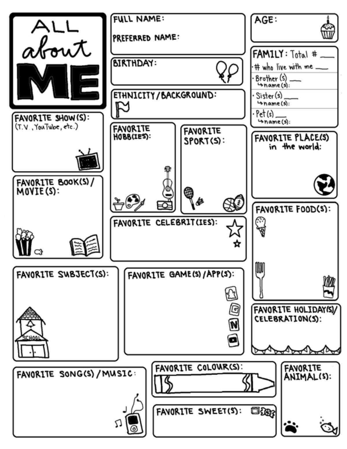 An educational teaching resource from Brave Education entitled All About Me Worksheet – Back-to-School Box Theme downloadable at Teach Simple.