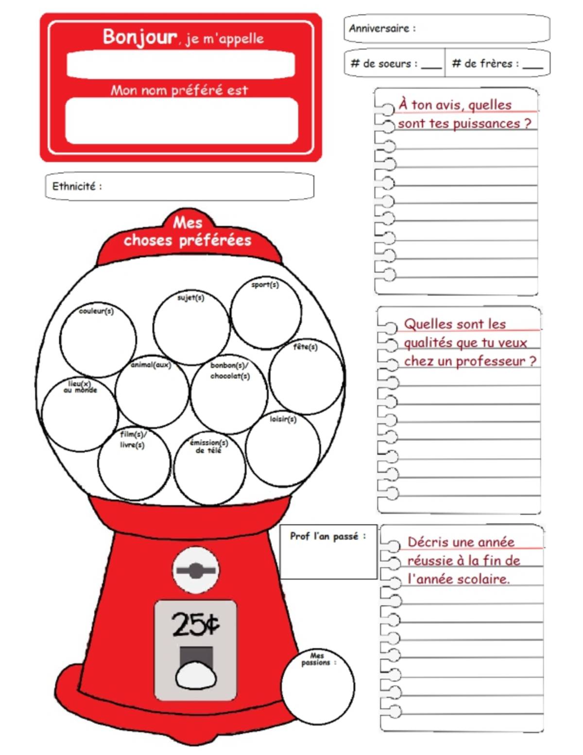 An educational teaching resource from Brave Education entitled Back to School - All About me - Gumball Activity ( French Version ) downloadable at Teach Simple.