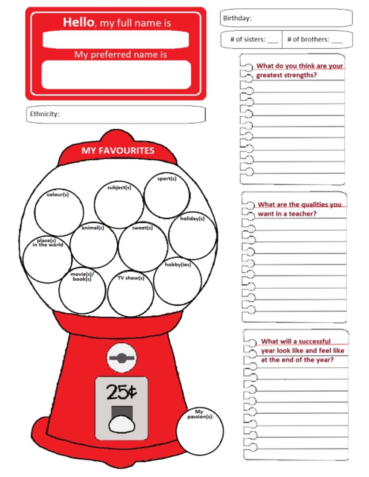 An educational teaching resource from Brave Education entitled Back to School - All About me - Gumball Worksheet downloadable at Teach Simple.