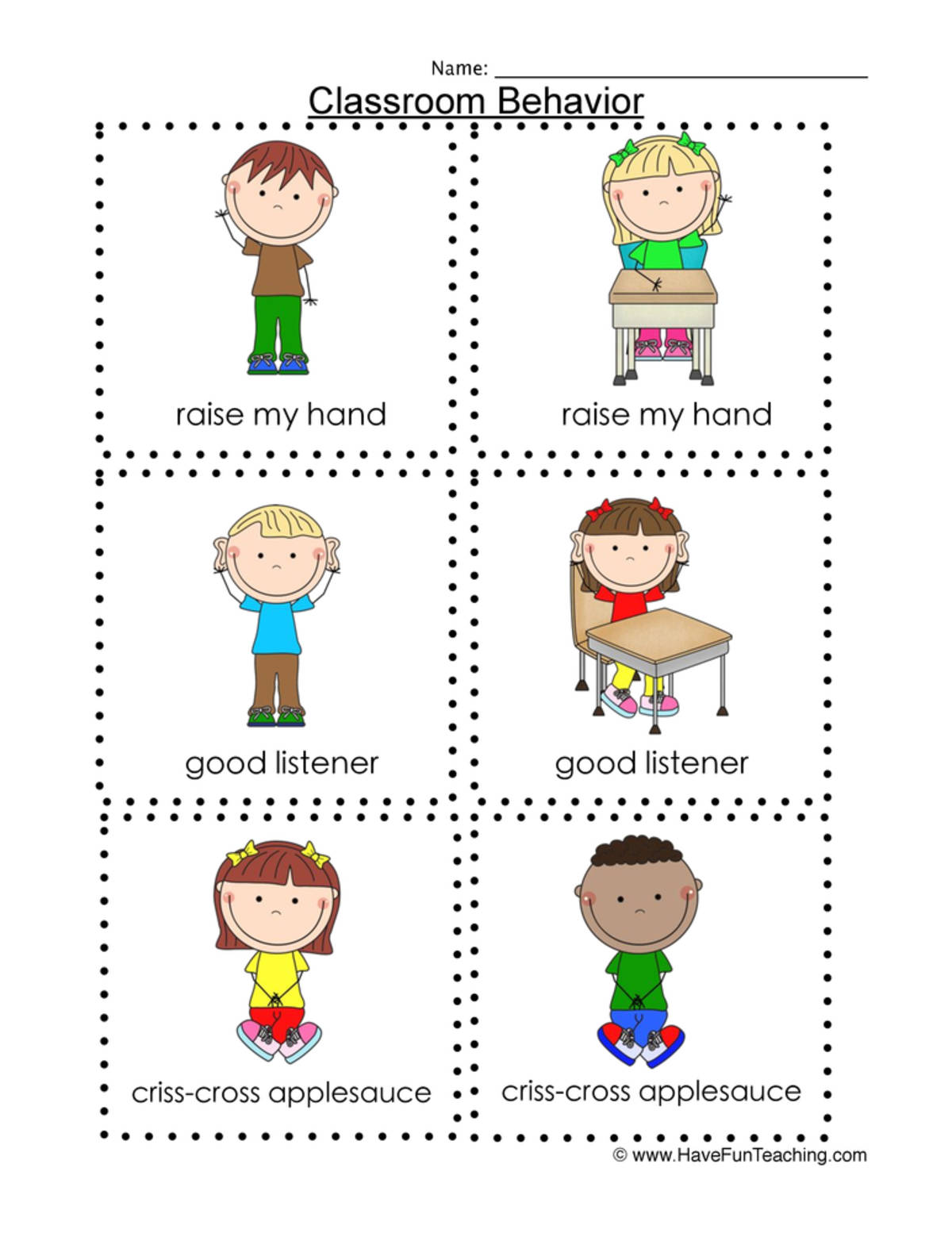 An educational teaching resource from Have Fun Teaching entitled Back to School Behavior Flash Cards downloadable at Teach Simple.