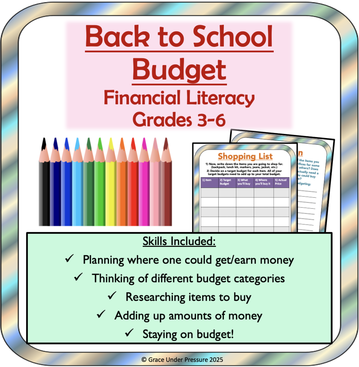 An educational teaching resource from Grace Under Pressure entitled Back-to-School Budget Activity: Elementary Financial Literacy downloadable at Teach Simple.