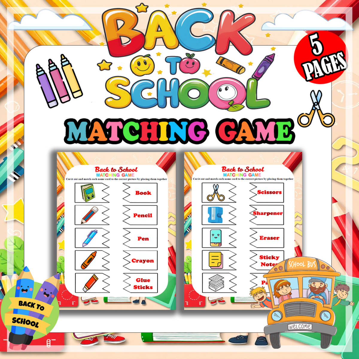An educational teaching resource from Bambolina55 entitled Back to School | Class Supplies Vocabulary Matching Game for Prek and downloadable at Teach Simple.