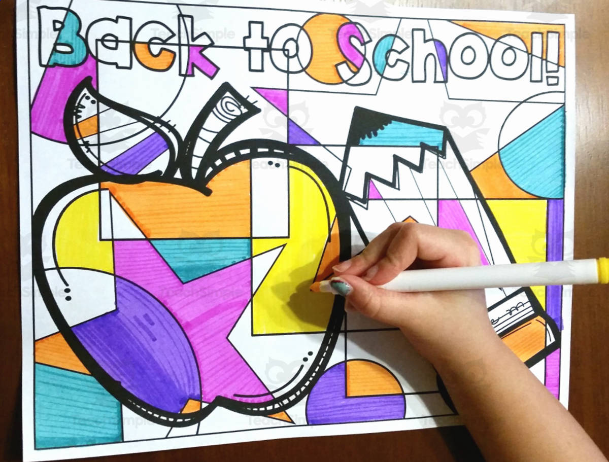 An educational teaching resource from Teachers R Us Homeschool entitled Back to School Coloring Page downloadable at Teach Simple.