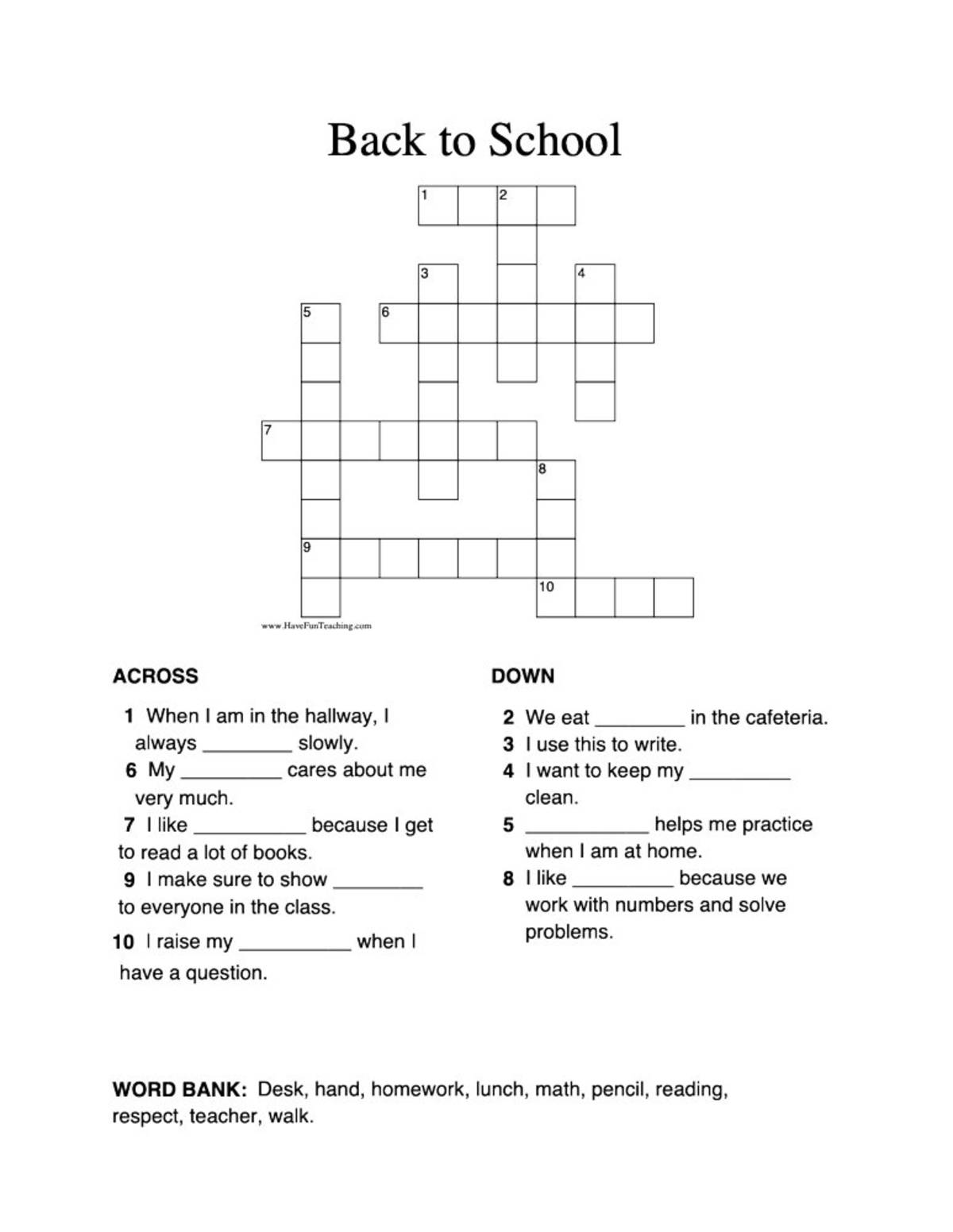 An educational teaching resource from Have Fun Teaching entitled Back to School Crossword Puzzle downloadable at Teach Simple.
