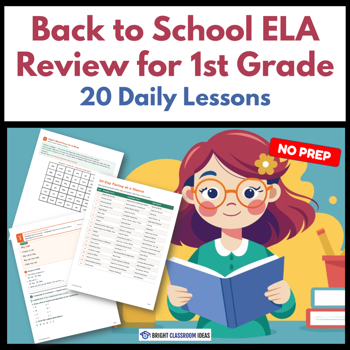 An educational teaching resource from Bright Classroom Ideas Marketplace entitled Back to School ELA Review for 1st Grade | 20 Daily Lessons downloadable at Teach Simple.