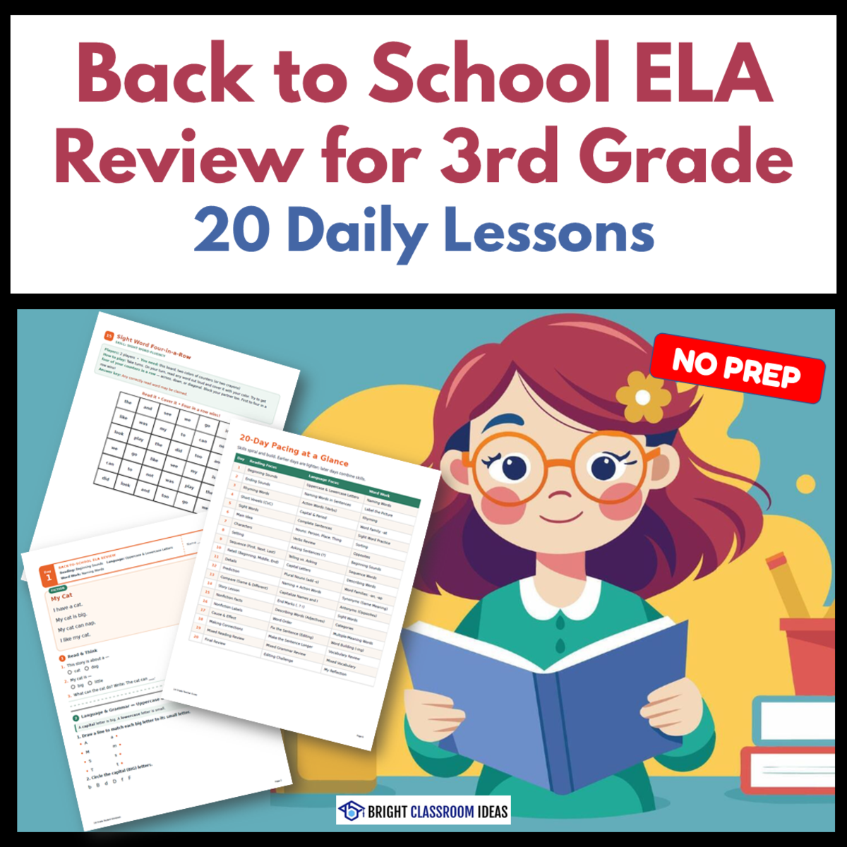 An educational teaching resource from Bright Classroom Ideas Marketplace entitled Back to School ELA Review for 3rd Grade | 20 Daily Lessons downloadable at Teach Simple.