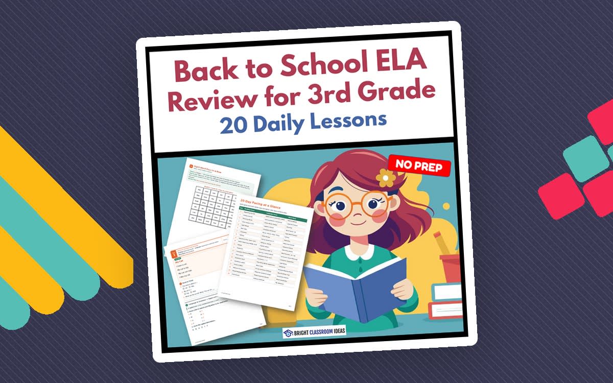 An educational teaching resource from Bright Classroom Ideas Marketplace entitled Back to School ELA Review for 3rd Grade | 20 Daily Lessons downloadable at Teach Simple.