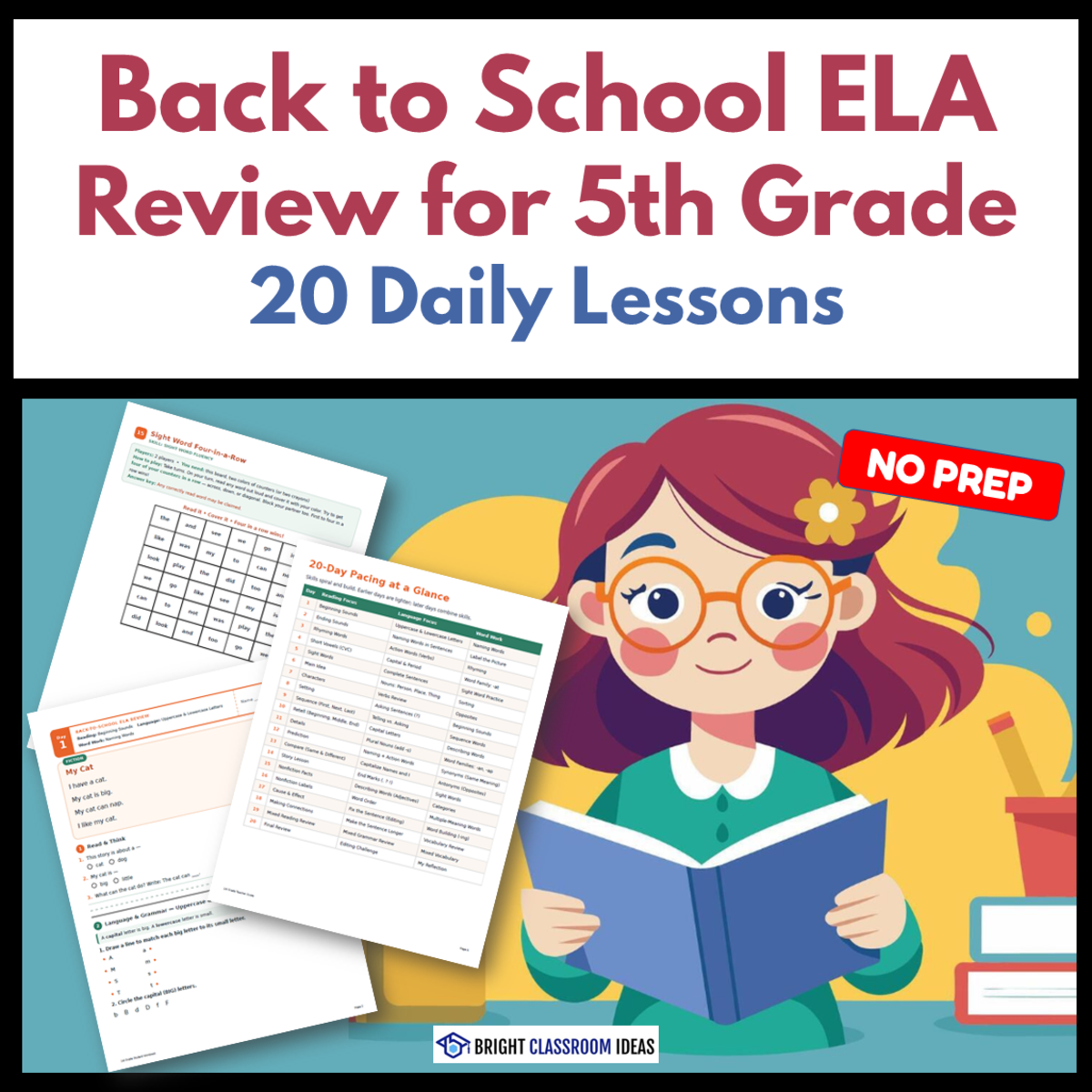 An educational teaching resource from Bright Classroom Ideas Marketplace entitled Back to School ELA Review for 5th Grade | 20 Daily Lessons downloadable at Teach Simple.