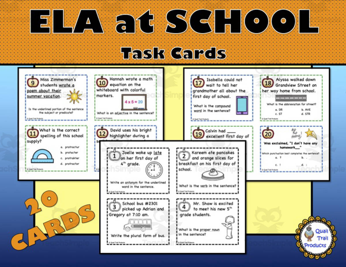 An educational teaching resource from Quail Trail Products entitled Back to School ELA Task Cards downloadable at Teach Simple.