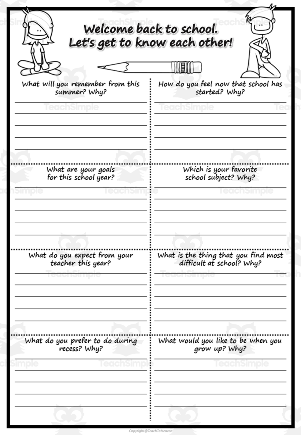 An educational teaching resource from Teach To Heaven,  Reoulita.com entitled Back to School-First Day of School-Let's get to know each other! downloadable at Teach Simple.