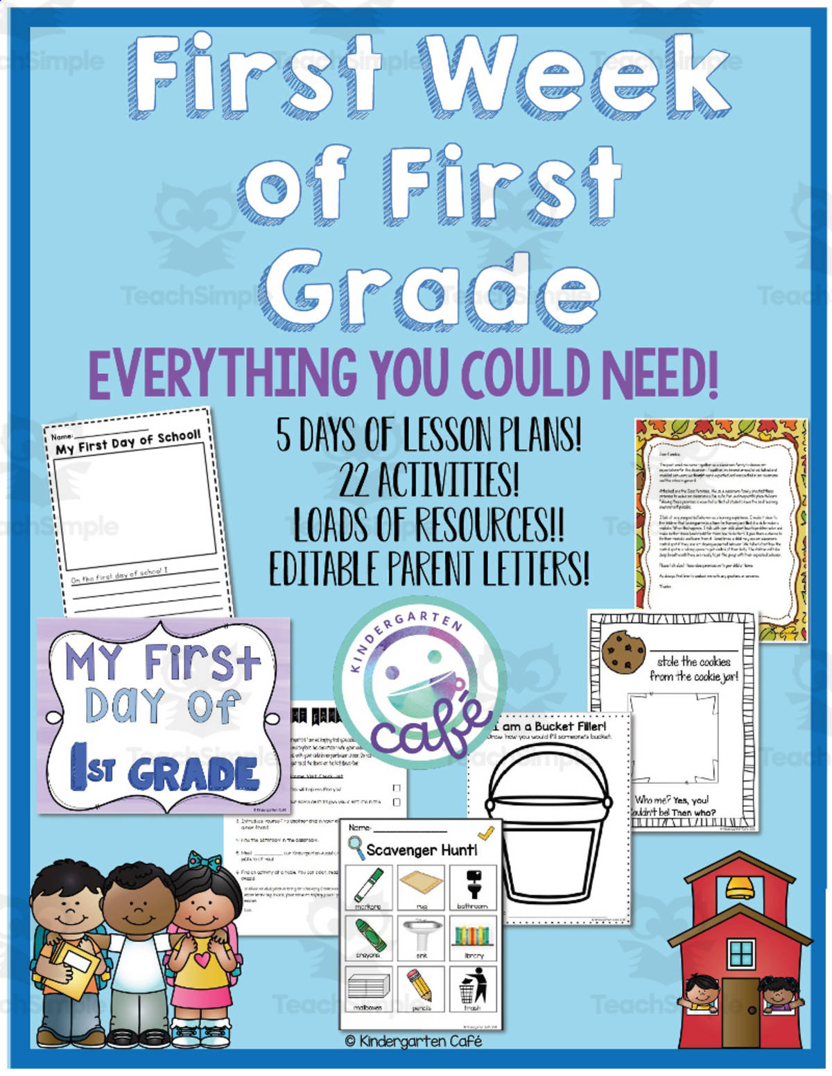 An educational teaching resource from Kindergarten Cafe entitled Back to School for First Graders: First Week downloadable at Teach Simple.