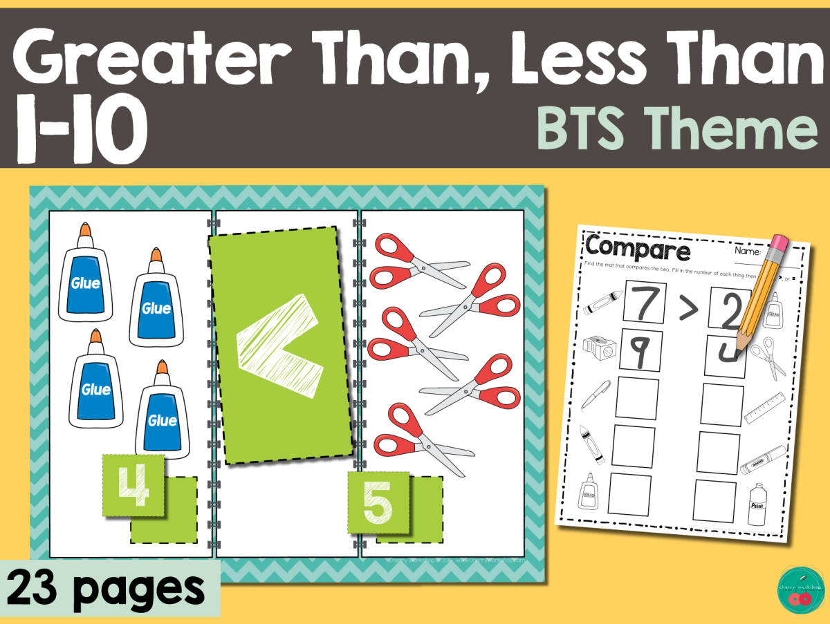 An educational teaching resource from Cherry Workshop entitled Back to School Great Than, Less Than 1-10 downloadable at Teach Simple.