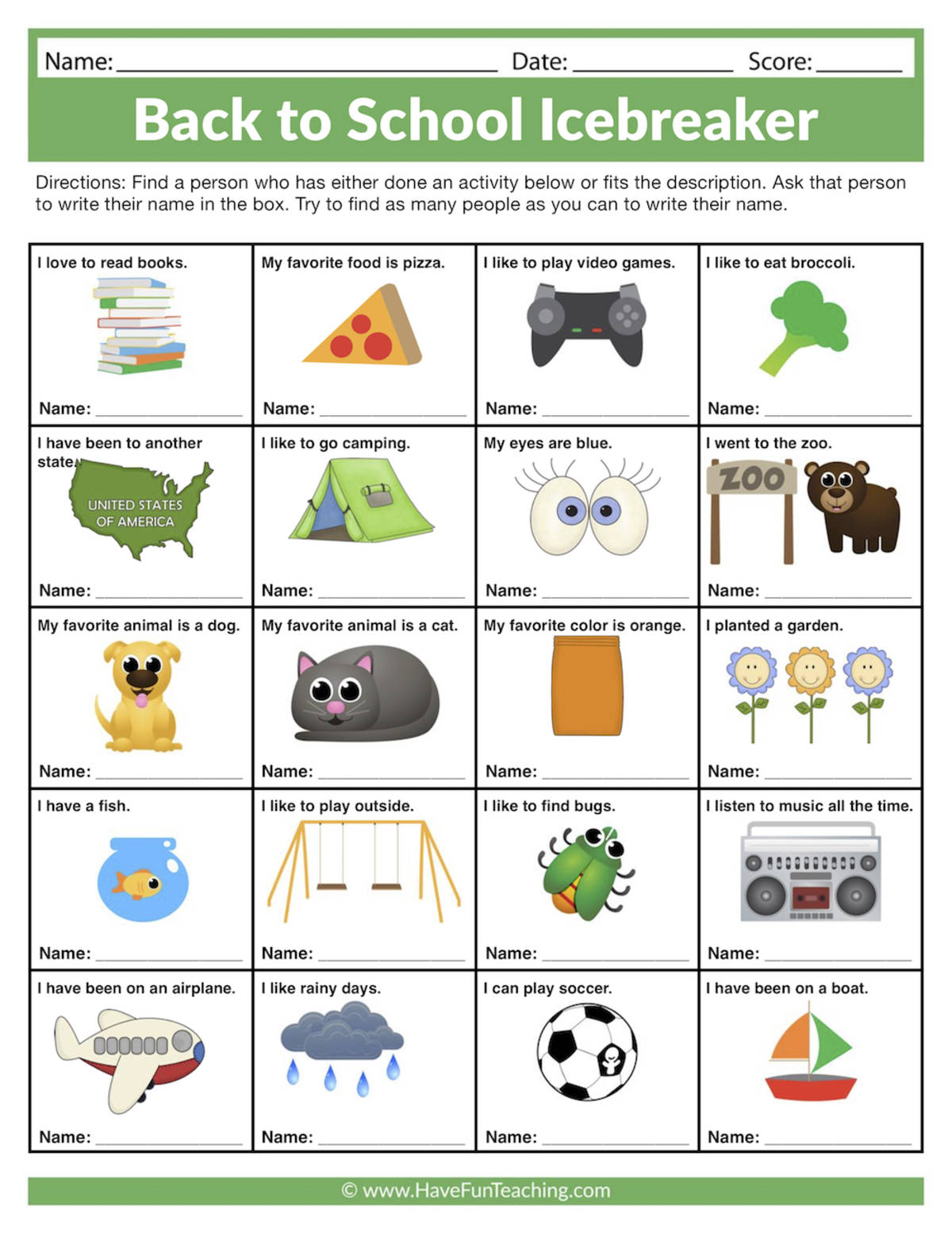 An educational teaching resource from Have Fun Teaching entitled Back to School Icebreaker Worksheet downloadable at Teach Simple.