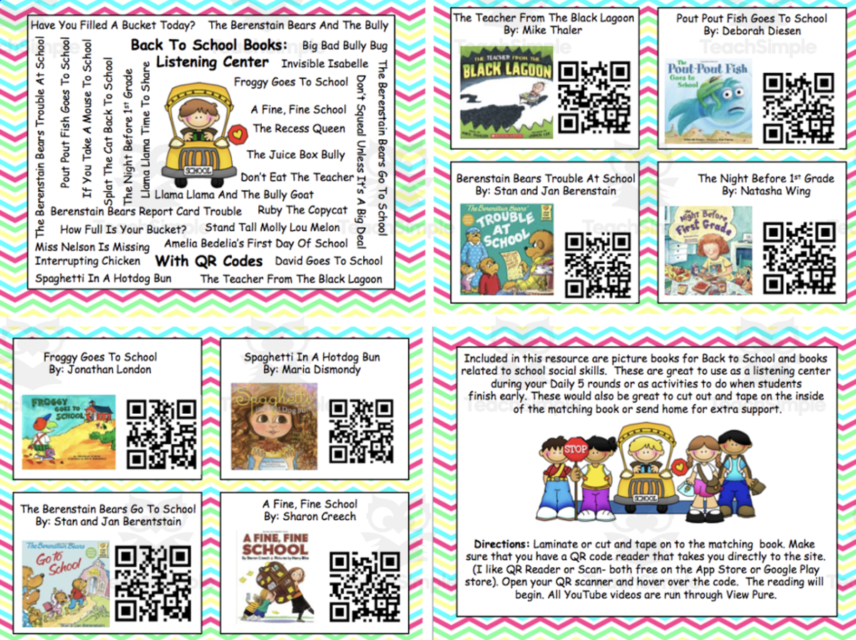 An educational teaching resource from Instructional Coaches Corner entitled Back To School Listening Center With QR Codes (28 Books) downloadable at Teach Simple.