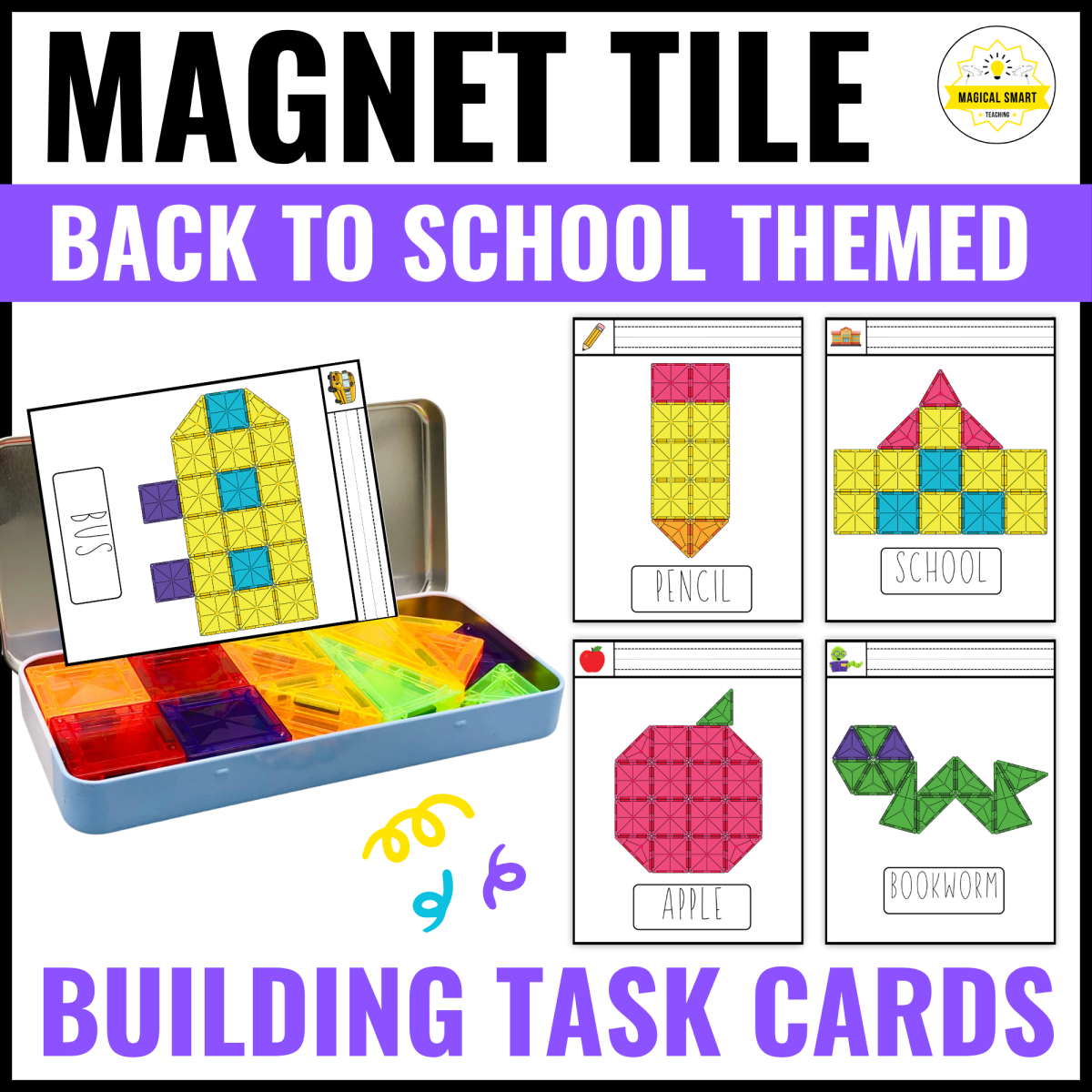 An educational teaching resource from Magical smart teaching entitled Back to School Magnetic Magnet Tile Task Cards Building | Fine Motor downloadable at Teach Simple.