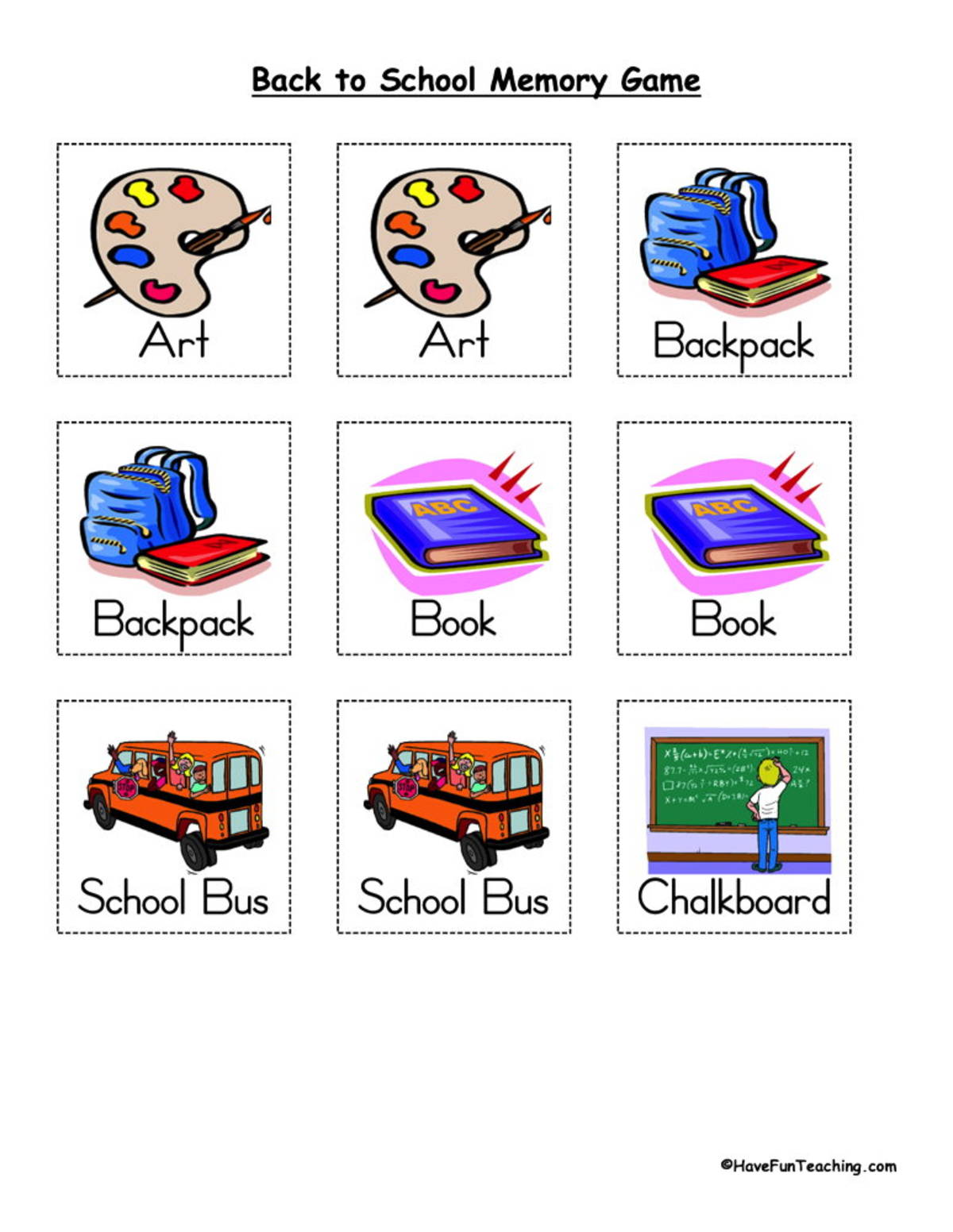 An educational teaching resource from Have Fun Teaching entitled Back to School Memory Game downloadable at Teach Simple.