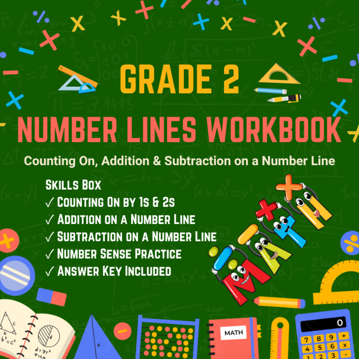 An educational teaching resource from Kind Minds Classroom Tech entitled Back to School Number Line Worksheets Grade 2 Math Workbook downloadable at Teach Simple.