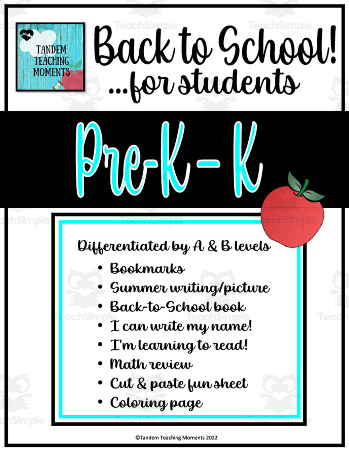 An educational teaching resource from Tandem Teaching Moments entitled Back to School Packet for PreK + Kindergarten downloadable at Teach Simple.
