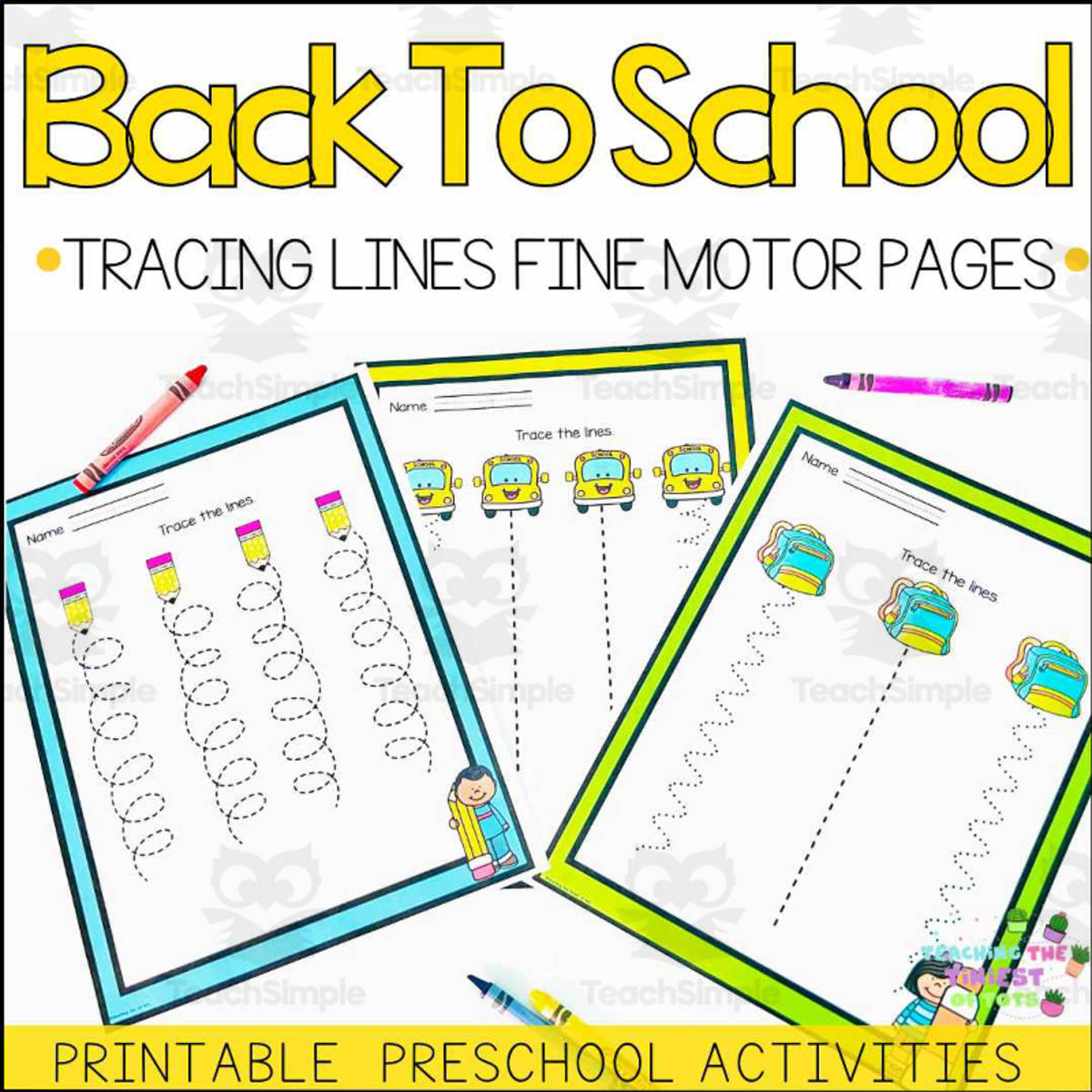An educational teaching resource from Teaching the Tiniest of Tots entitled Back to School Preschool Tracing Lines Fine Motor Worksheets downloadable at Teach Simple.