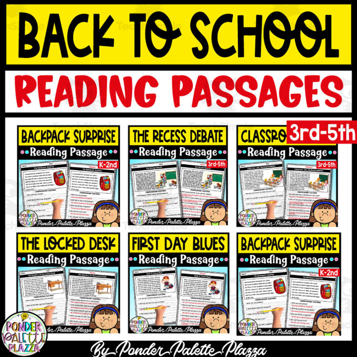 An educational teaching resource from Ponder Palette Plazza entitled Back to School Reading Comprehension Passages downloadable at Teach Simple.