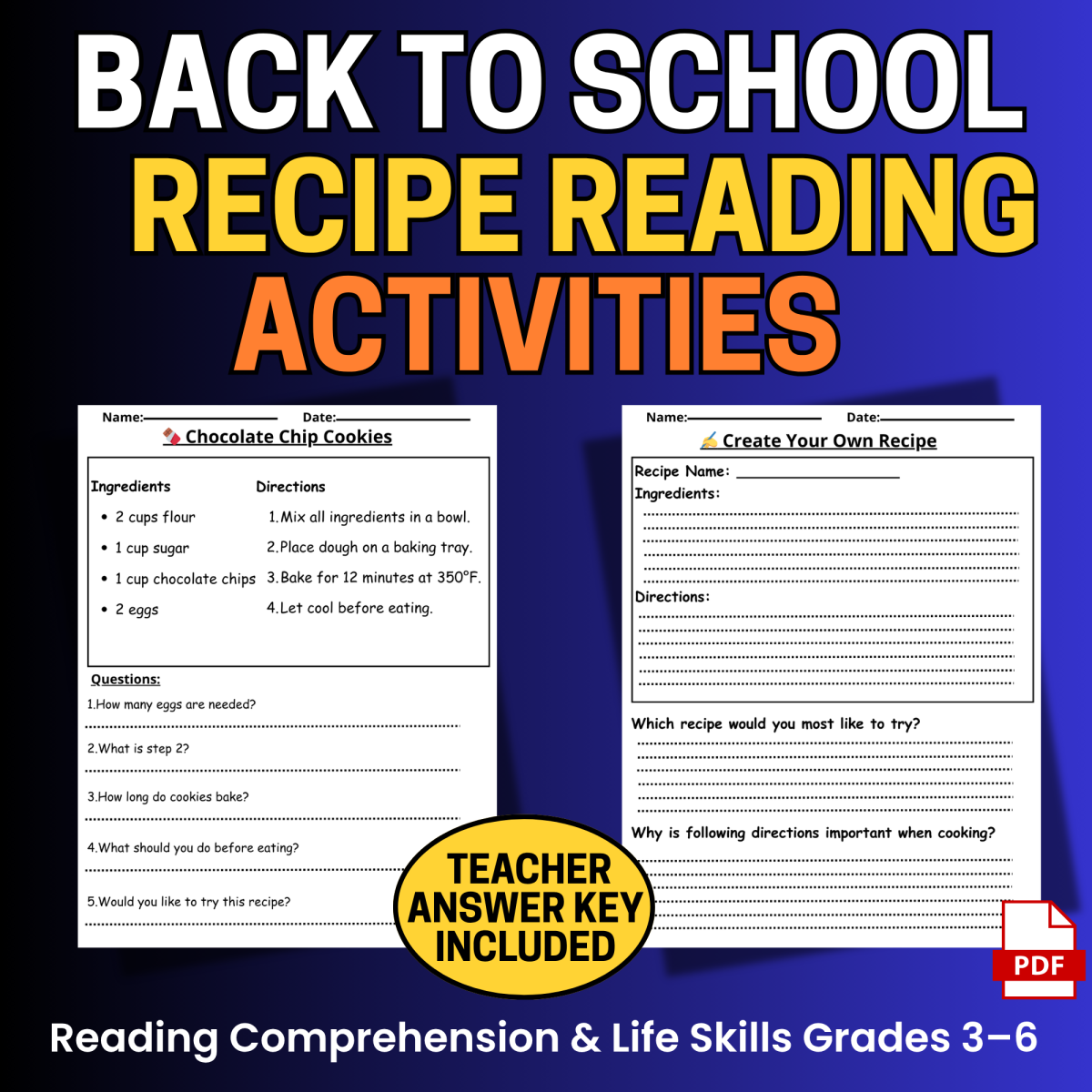 An educational teaching resource from learnMix entitled Back to School Recipe Reading Activities Reading Comprehension downloadable at Teach Simple.