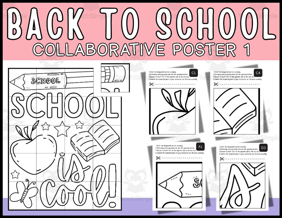 An educational teaching resource from Wonderland School entitled Back To School "School Is Cool" Collaborative Coloring Poster downloadable at Teach Simple.