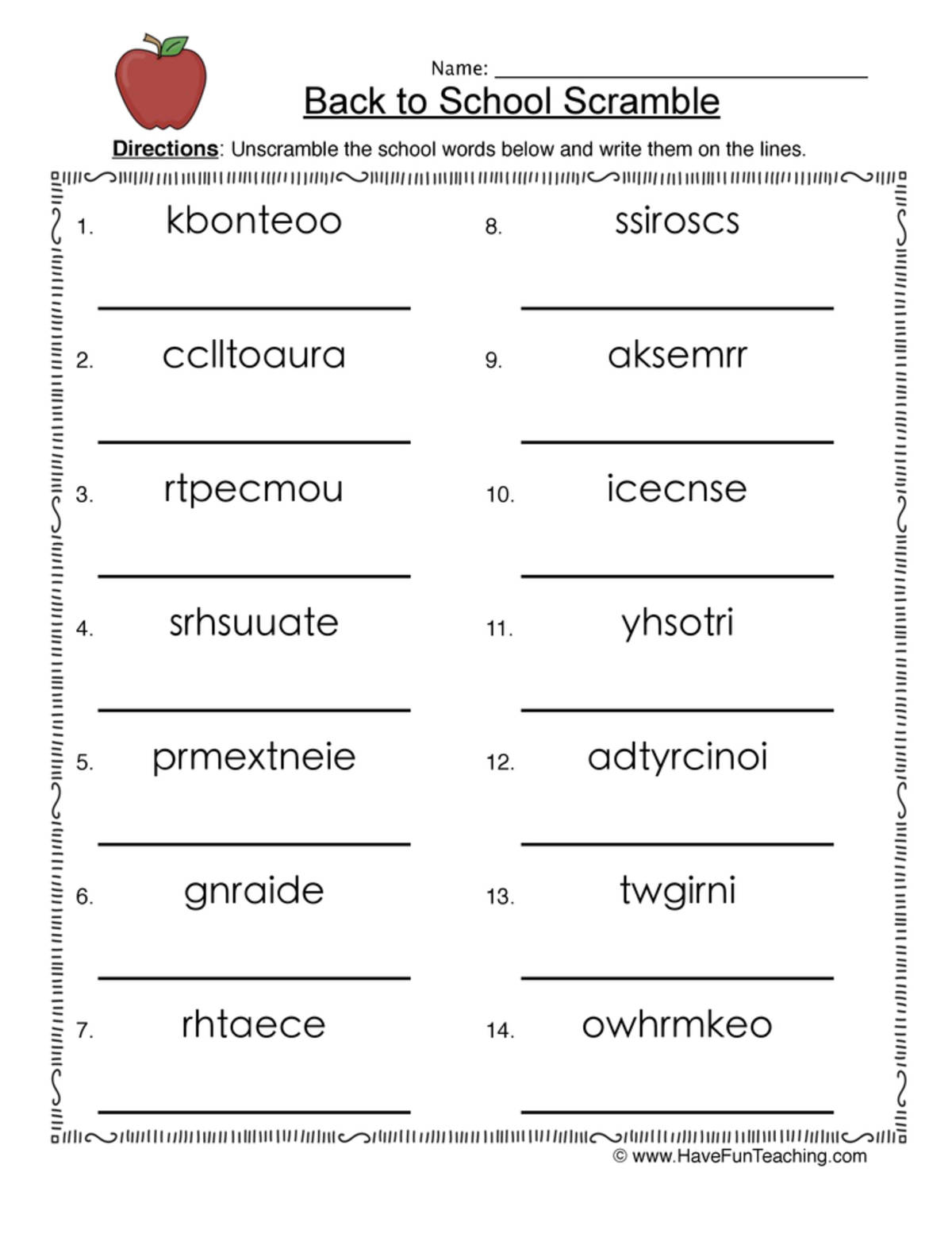 An educational teaching resource from Have Fun Teaching entitled Back to School Scramble Worksheet downloadable at Teach Simple.