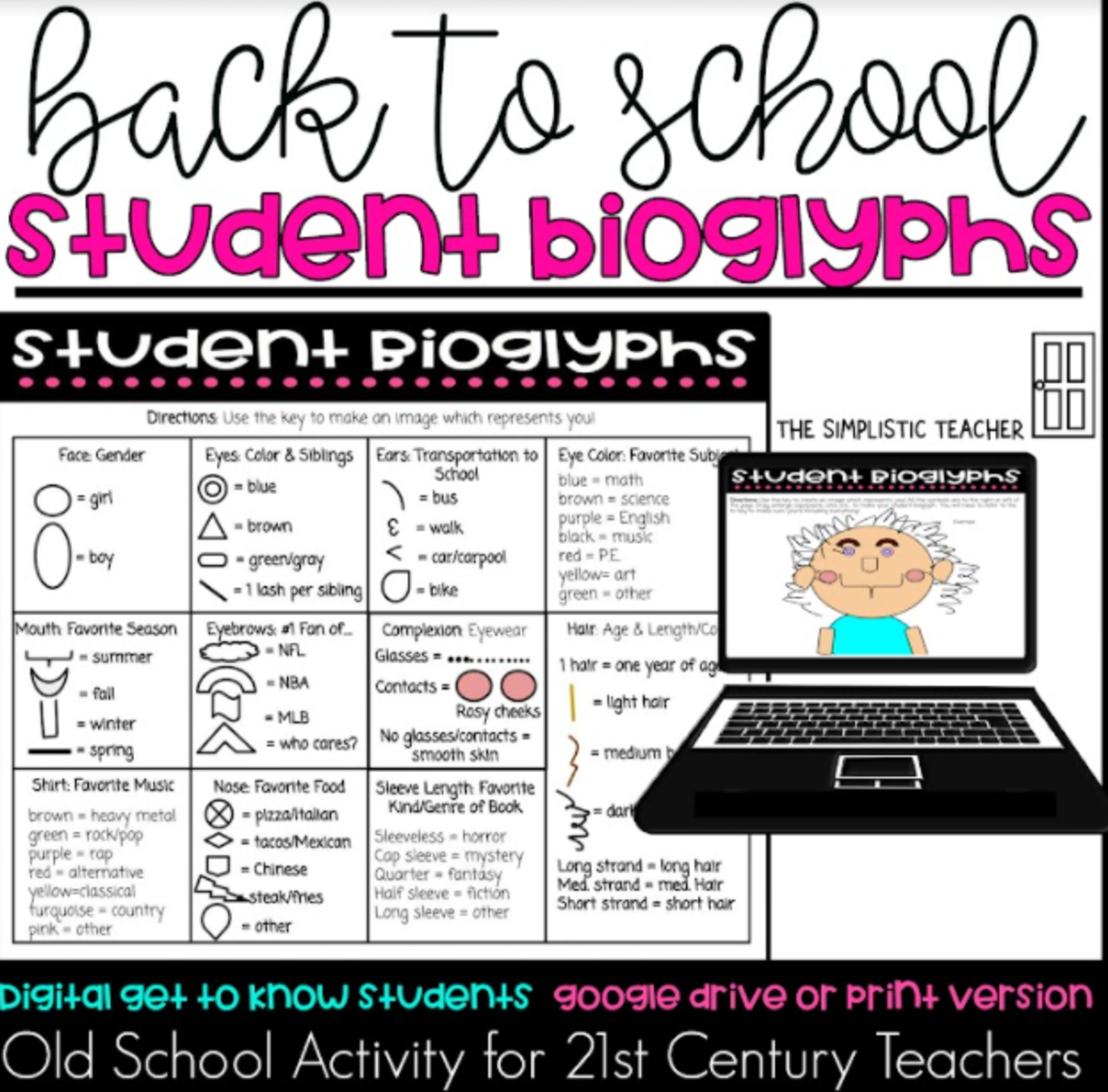 An educational teaching resource from The Simplistic Teacher entitled Back to School Student Bioglyphs downloadable at Teach Simple.
