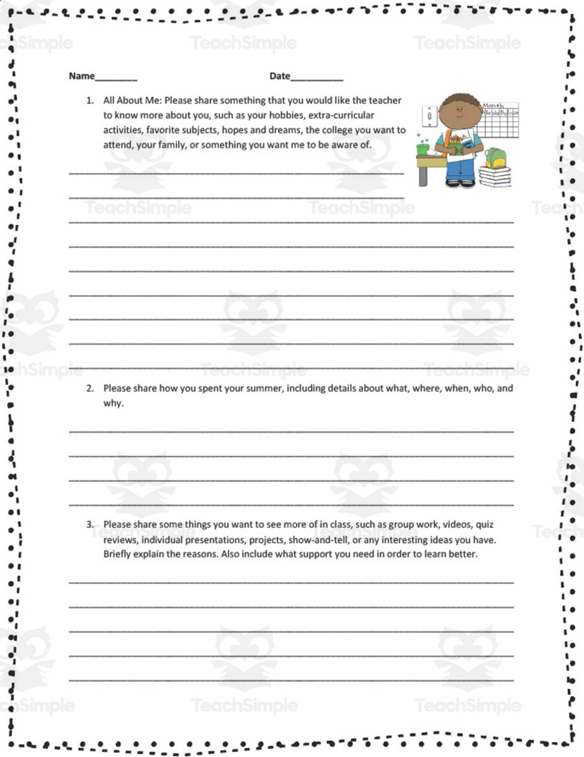 An educational teaching resource from Golden Promise entitled Back to School Survey downloadable at Teach Simple.
