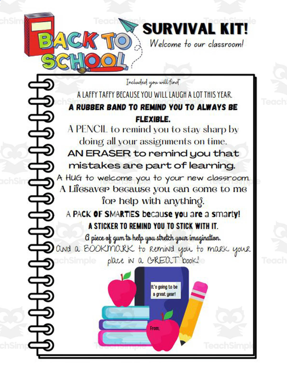 An educational teaching resource from Reading in the Middle Grade entitled Back to School: Survival Kit for Middle Schoolers downloadable at Teach Simple.