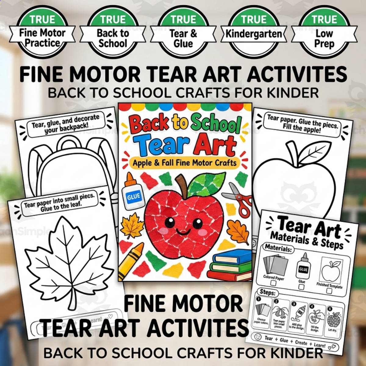 An educational teaching resource from TeachTrend Studio entitled Back to School Tear Art Apple Craft Fine Motor Activities downloadable at Teach Simple.