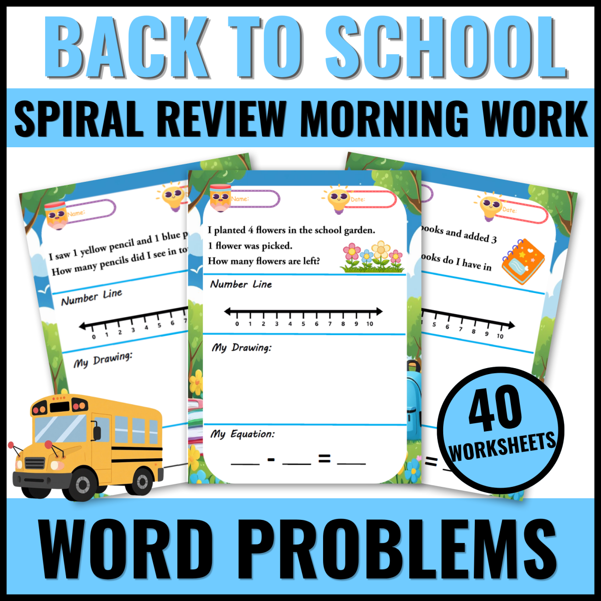 An educational teaching resource from Bambolina55 entitled Back to School Word Problems Kindergarten | Math Spiral Review Morning downloadable at Teach Simple.