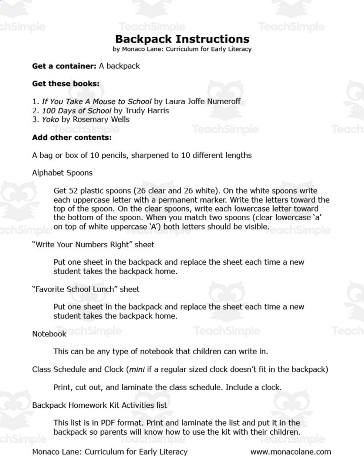 An educational teaching resource from Monaco Lane Curriculum for Early Literacy entitled Backpack Homework Kit downloadable at Teach Simple.