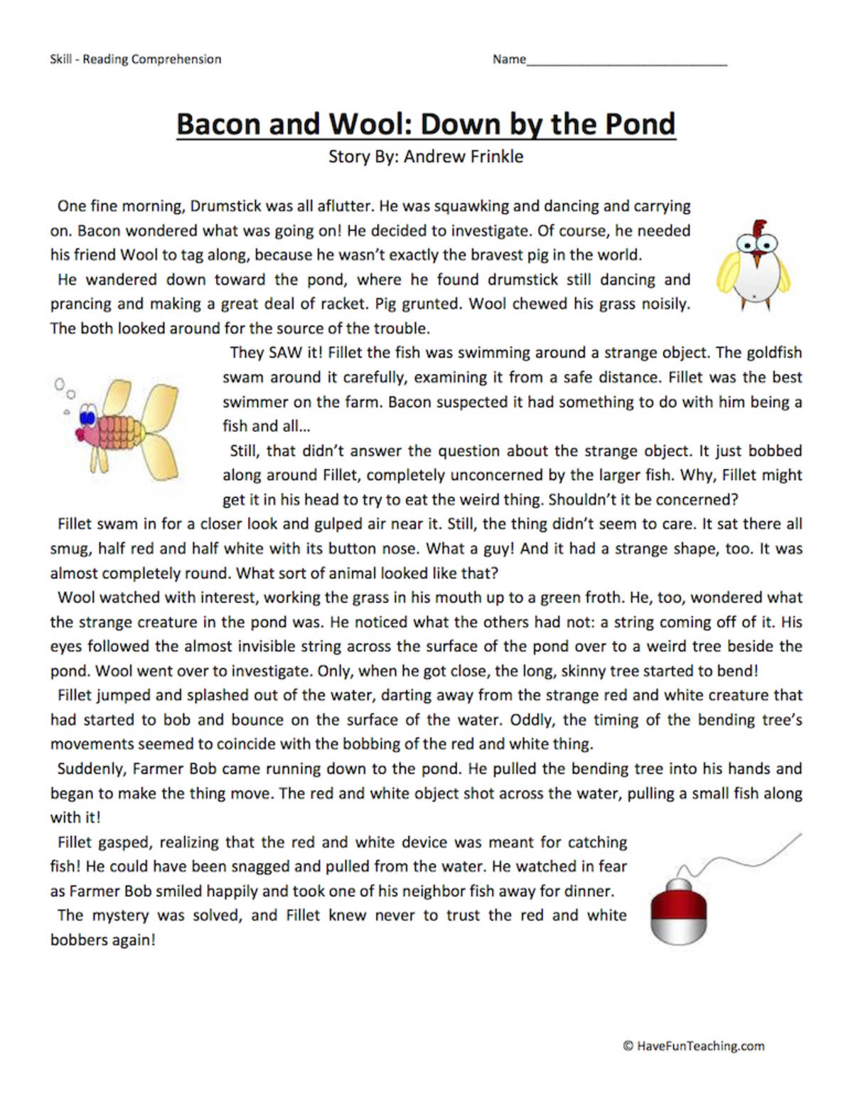 An educational teaching resource from Have Fun Teaching entitled Bacon and Wool: Down by the Pond - Reading Comprehension Worksheet downloadable at Teach Simple.