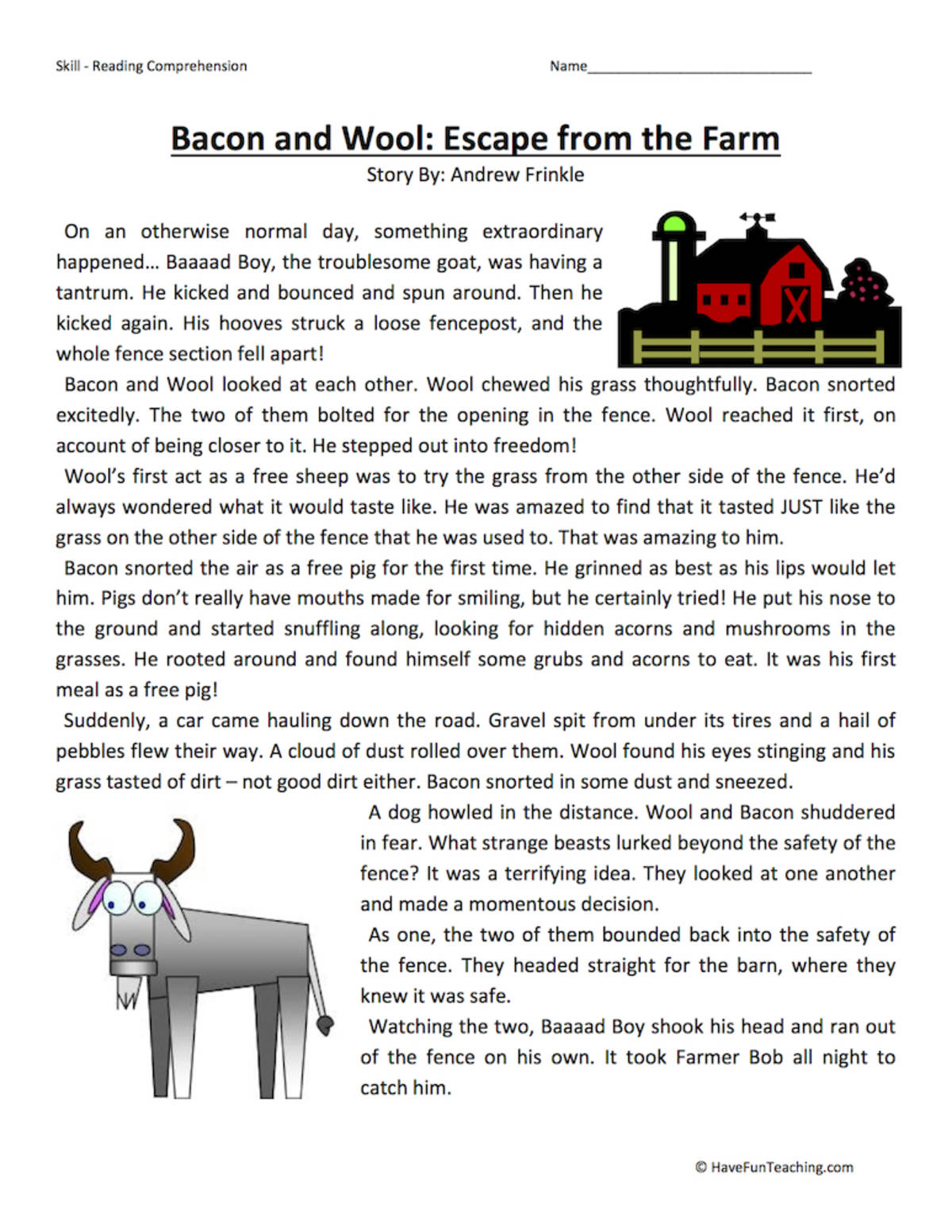 An educational teaching resource from Have Fun Teaching entitled Bacon and Wool: Escape from the Farm - Reading Comprehension Worksheet downloadable at Teach Simple.